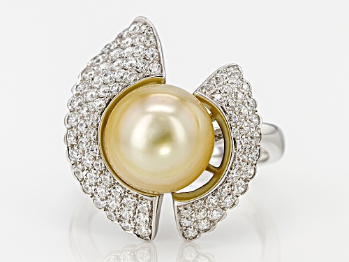 10mm Golden Cultured South Sea Pearl With .70ctw White Zircon Rhodium Over Sterling Silver Ring - Size 8
