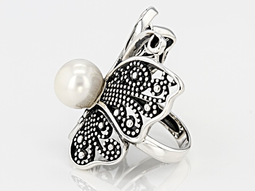 9.5-10mm White Cultured Freshwater Pearl Rhodium Over Sterling Silver Butterfly Ring - Size 5