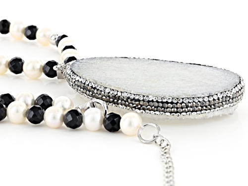 Cultured Freshwater Pearl, Drusy Quartz, Onyx, Diamond Simulant Rhodium Over Silver 20 Inch Necklace - Size 20
