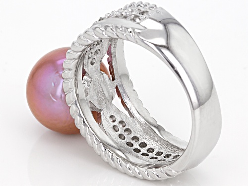Genusis™ 11mm Pink Cultured Freshwater Pearl & White Topaz Rhodium Over Sterling Silver Ring - Size 12