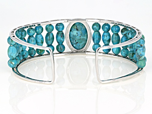 18X13MM OVAL CABOCHON WITH ROUND AND BARREL SHAPE BEAD TURQUOISE RHODIUM OVER SILVER CUFF BRACELET - Size 8