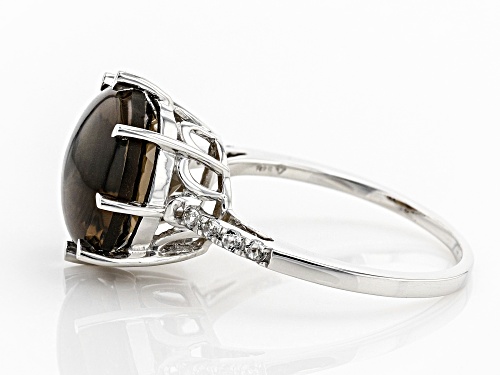 5.25CT ROUND BUFF TOP SMOKY QUARTZ AND .12CTW ROUND WHITE TOPAZ RHODIUM OVER STERLING SILVER RING - Size 8