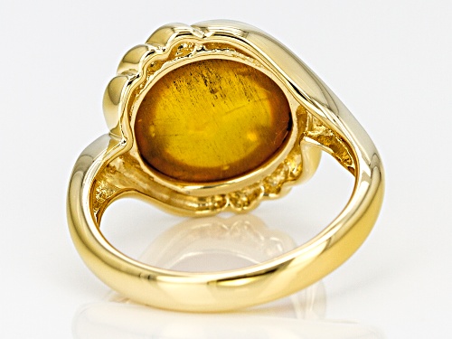 12MM ROUND CABOCHON AMBER 18K YELLOW GOLD OVER SILVER SOLITAIRE RING - Size 10