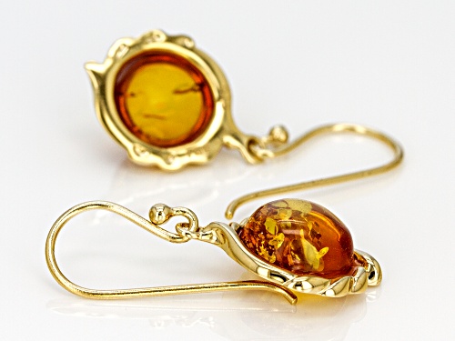 10MM ROUND CABOCHON AMBER 18K YELLOW GOLD OVER SILVER EARRINGS