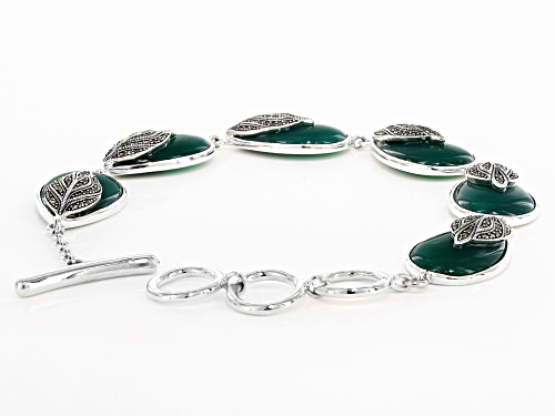 20X13MM PEAR SHAPE GREEN ONYX WITH ROUND MARCASITE RHODIUM OVER SILVER LEAF DETAIL BRACELET - Size 7.25