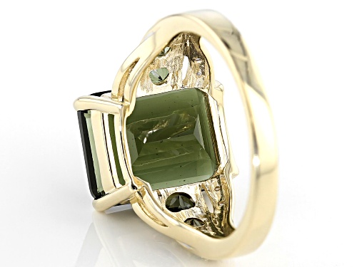 4.70ctw Emerald Cut & Round Moldavite With .03ctw Round White Diamond Accent 10k Yellow Gold Ring - Size 8