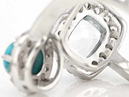 2.70ct Rectangular Cushion Glacier Topaz™, Round Blue Turquoise, 1.40ctw White Zircon Silver Ring - Size 7