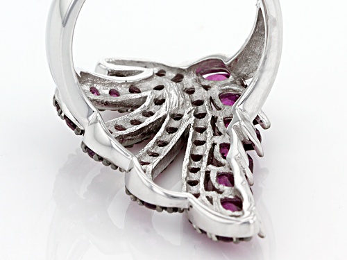 3.21ctw Marquise And Round Raspberry Color Rhodolite Sterling Silver Leaf Design Ring - Size 5