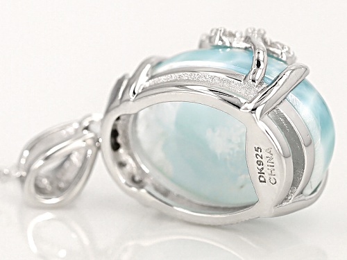 16x12mm Oval Cabochon Larimar & .17ctw Round White Zircon Butterfly Detail Silver Pendant With Chain