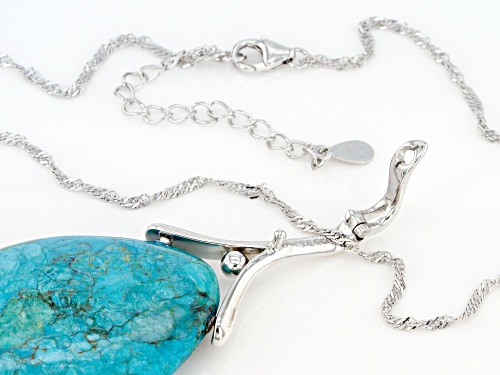 Pear Shape Cabochon Blue Turquoise Rhodium Over Sterling Silver Enhancer With Chain
