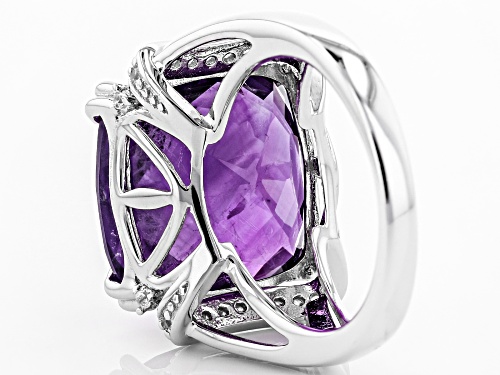 15.24CT SQUARE CUSHION AFRICAN AMETHYST WITH .28CTW ROUND WHITE ZIRCON RHODIUM OVER SILVER RING - Size 8