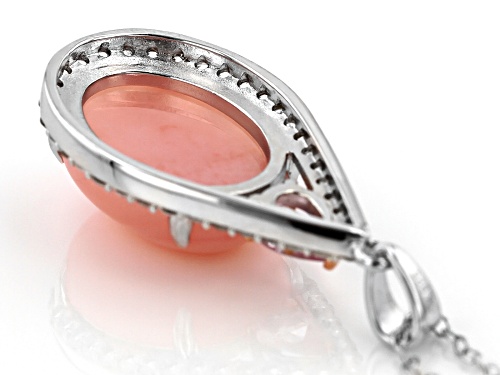 Oval cabochon pink opal with .34ct pink spinel, .78ctw white zircon silver pendant with chain