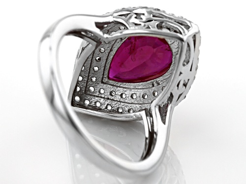3.60CT PEAR SHAPE MAHALEO® RUBY WITH .36CTW ROUND WHITE TOPAZ STERLING SILVER RING - Size 11