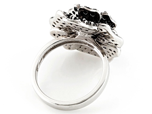 2.60ctw Round Black Spinel Sterling Silver Flower Design Ring - Size 7
