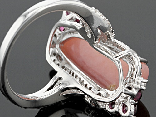 21x8mm Peruvian Pink Opal Cabochon, 1.20ct Raspberry Rhodolite And .48ctw White Zircon Silver Ring - Size 6