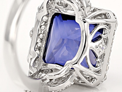 8.08ct Rectangular Lab Created Blue Sapphire And 1.16ctw Round White Zircon Silver Ring - Size 12