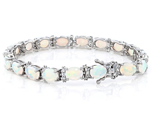 12.11ctw Ethiopian Opal with 1.28ctw White Zircon Rhodium Over Sterling Silver Tennis Bracelet - Size 7.5