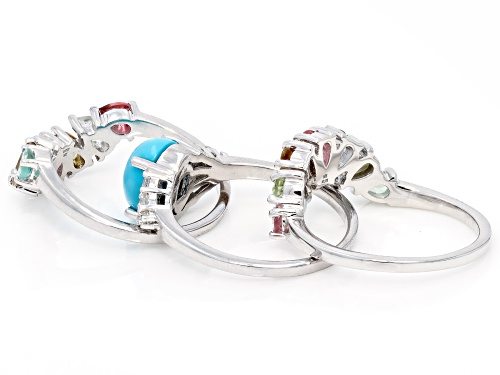 Sleeping Beauty Turquoise with 2.45ctw Multi Tourmaline & Zircon Platinum Over Silver Set/3 Rings - Size 9