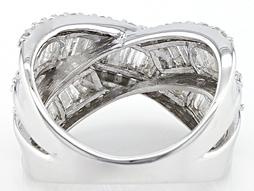 1.45ctw Baguette And Round White Diamond Rhodium Over Sterling Silver Crossover Ring - Size 7