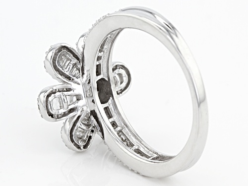 .55ctw Round And Baguette White Diamond Rhodium Over Sterling Silver Flower Ring - Size 7