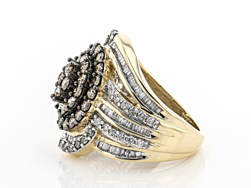 2.00ctw Round Champagne, Round White, & Baguette White Diamond 10k Yellow Gold Cluster Cocktail Ring - Size 9