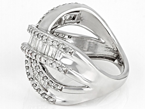 1.35ctw Round And Baguette White Diamond 10k White Gold Crossover Ring - Size 6