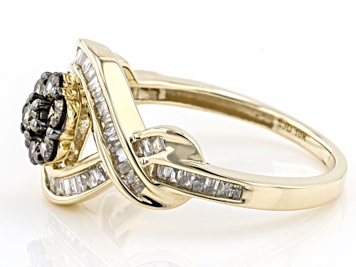 0.90ctw Round Champagne Diamond And Baguette White Diamond 10k Yellow Gold Crossover Ring - Size 8