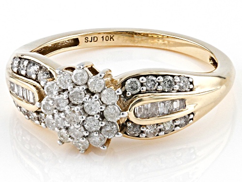0.60ctw Round And Baguette White Diamond 10k Yellow Gold Cluster Ring - Size 7