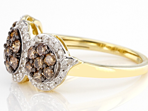 1.00ctw Round Champagne And White Diamond 10k Yellow Gold Cluster Ring - Size 8