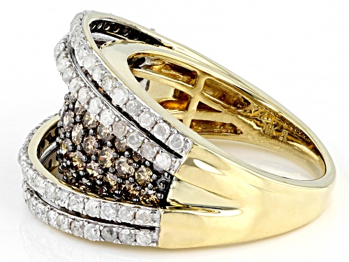 2.50ctw Round Champagne And White Diamond 10k Yellow Gold Wide Band Ring - Size 7