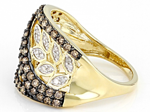 1.00ctw Round Champagne And White Diamond 10k Yellow Gold Leaf Design Ring - Size 8