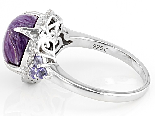 10mm Round Charoite With 0.21ctw Tanzanite And 0.14ctw White Zircon Rhodium Over Silver Ring - Size 6