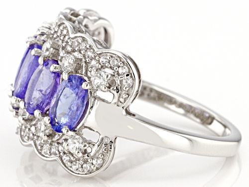 1.49ctw Oval Tanzanite With 0.50ctw Round White Zircon Rhodium Over Sterling Silver Ring - Size 8
