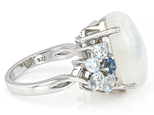 Rainbow Moonstone with 1.38ctw London Blue Topaz & Glacier Topaz™ Rhodium Over Silver Ring - Size 6