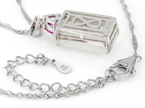 16x10mm Rainbow Moonstone And 0.23ctw Lab Pink Sapphire Rhodium Over Silver Pendant With Chain