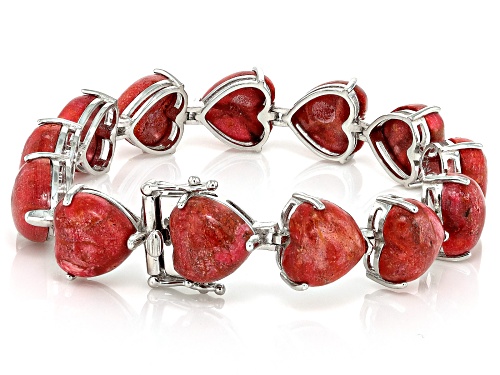 12mm Heart Shaped Coral Rhodium Over Sterling Silver Bracelet - Size 8
