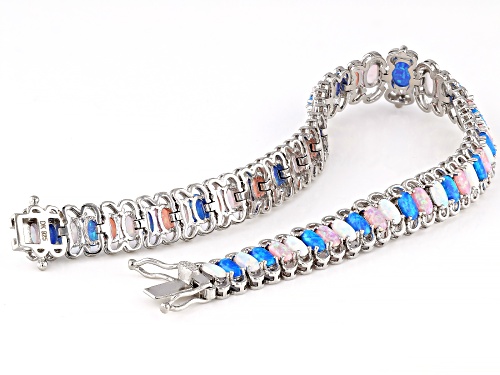 Blue, White, and Pink Lab Created Opal Rhodium Over Sterling Silver Tennis Bracelet - Size 8