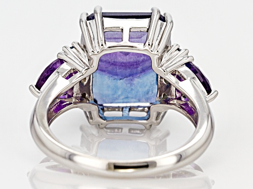 6.41ct Bi-Color Fluorite With .45ctw Amethyst & .21ctw London Blue Topaz Rhodium Over Silver Ring - Size 10