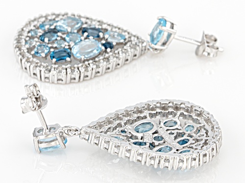 5.76ctw mixed blue and 2.70ctw round white topaz rhodium over silver teardrop dangle earrings