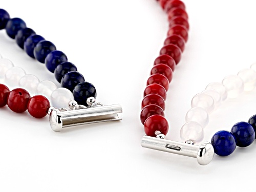 6mm red coral, 6mm white agate & 6mm blue lapis lazuli beads, triple strand sterling silver necklace - Size 18