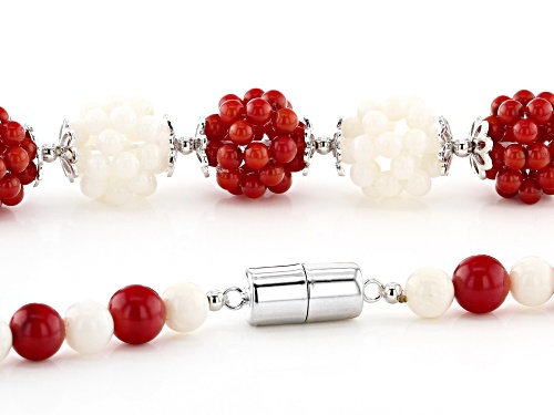 6mm round and 3mm round knitted ball, red and white coral, sterling silver bead necklace - Size 20