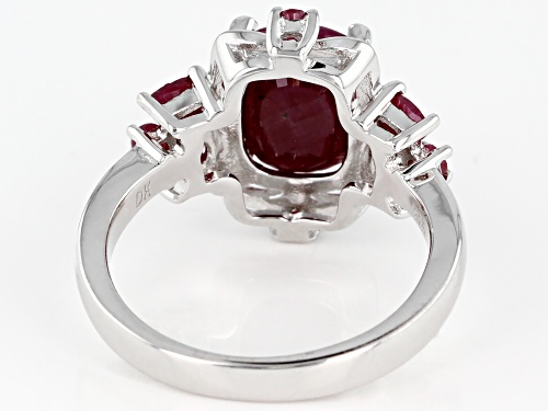 4.42ctw Rectangular Cushion, Pear Shape and Round Indian Ruby Rhodium Over Sterling Silver Ring - Size 9