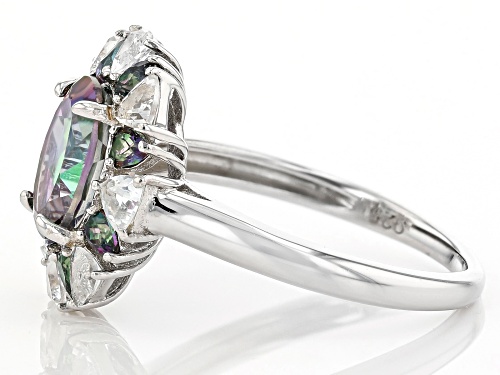 2.83ctw Mystic Fire® Green Topaz with 0.68ctw White Topaz Rhodium Over Silver Halo Ring - Size 8