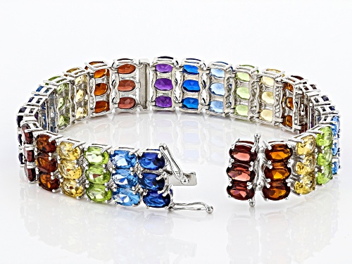35.21ctw Oval Mixed-Color Multi-Gemstone Rhodium Over Sterling Silver Rainbow Bracelet - Size 7.25