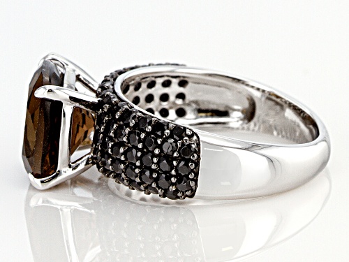 CUSHION SMOKY QUARTZ WITH BLACK SPINEL RHODIUM OVER STERLING SILVER RING - Size 8