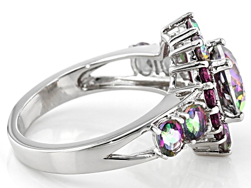 3.46ctw Oval Mystic Fire(R) Green Topaz & .61ctw Rapsberry Color Rhodolite Rhodium Over Silver Ring - Size 9