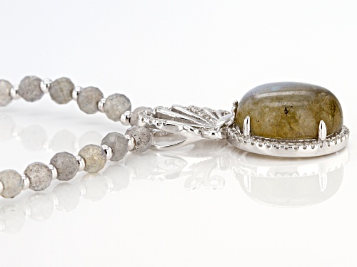 12X14mm oval with 4X3mm Rondelle labradorite with round zircon Sterling Silver Necklace - Size 20