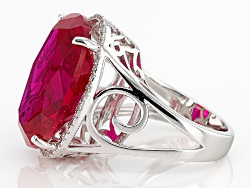 22.54ct Oval Lab Created Ruby With .39ctw Round White Zircon Rhodium Over Sterling Silver Ring - Size 8