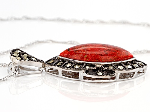25x12mm Marquise Red Sponge Coral With Round Marcasite Rhodium Over Silver Pendant With Chain