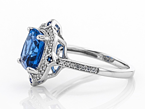 3.21ctw Square Cushion & Round Lab Created Blue Spinel, .24ctw Zircon Rhodium Over Silver Ring - Size 10